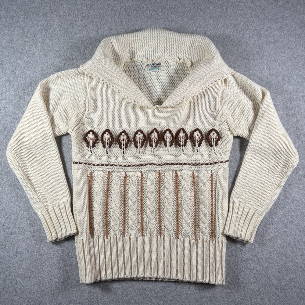 Vintage Novelty Knit Sweater Women's Small Cream Sailor Collar Folk 60s‎ 70s